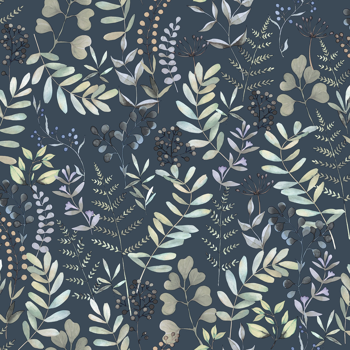 Olivia Botanical Navy Blue floral wallpaper roll and lifestyle room scene