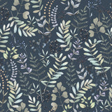 Olivia Botanical Navy Blue floral wallpaper roll and lifestyle room scene