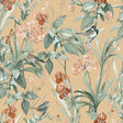 Mint Birds and Dragonflies botanical wallpaper on ocher ground with birds, dragonflies, and foliage.
