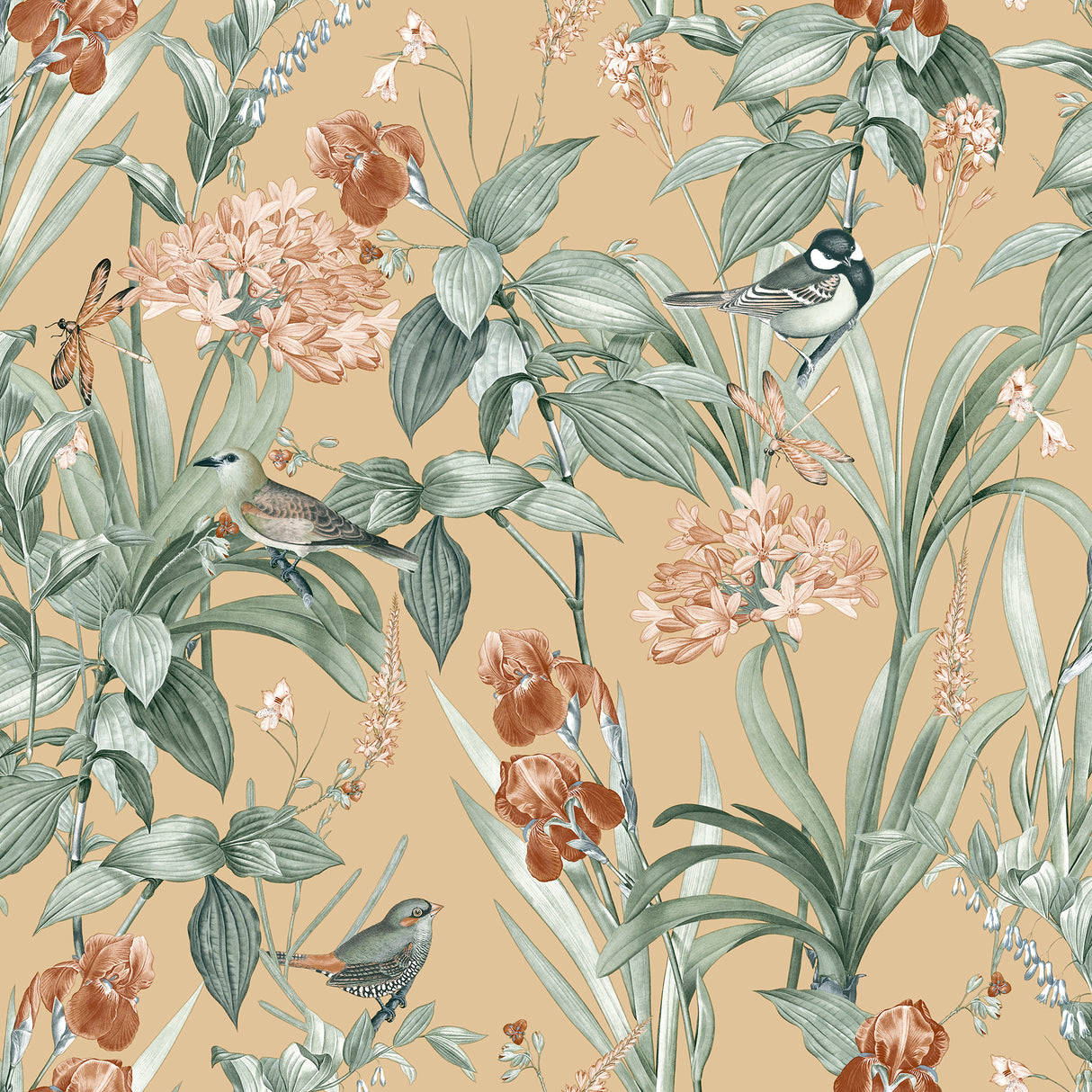 Mint Birds and Dragonflies botanical wallpaper on ocher ground with birds, dragonflies, and foliage.