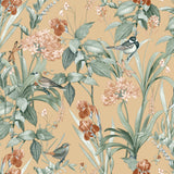 Mint Birds and Dragonflies botanical wallpaper on ocher ground with birds, dragonflies, and foliage.