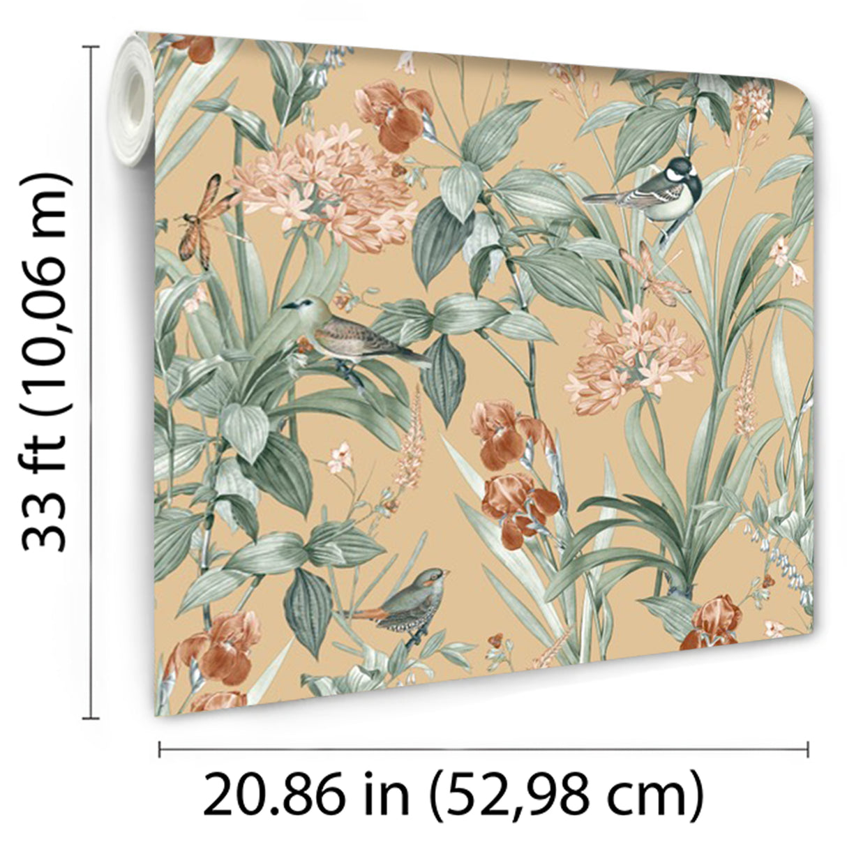 Mint Birds and Dragonflies Ocher by Veer Decor Botanical Wallpaper – Veer Decor VRBT02-746
