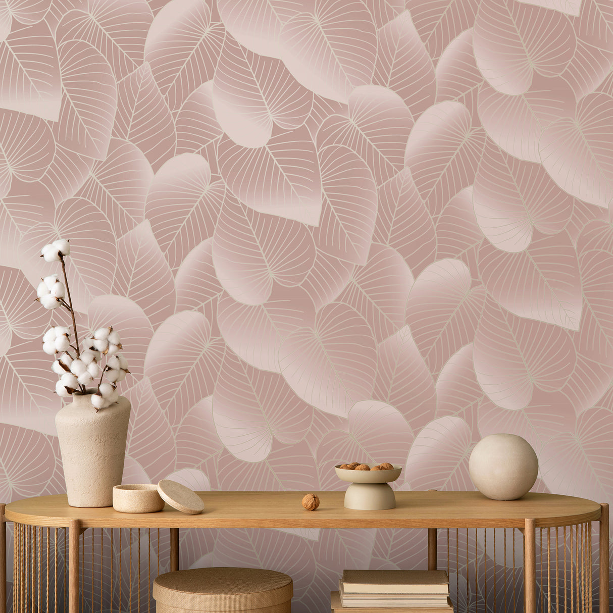 Graphic Leaves Blush by Veer Decor Foil Accents Non-Woven Unpasted Wallpaper – VRBT03-212