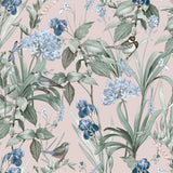 Mint Birds and Dragonflies botanical wallpaper in dust pink with birds and dragonflies, roll 20.86 in x 33 ft