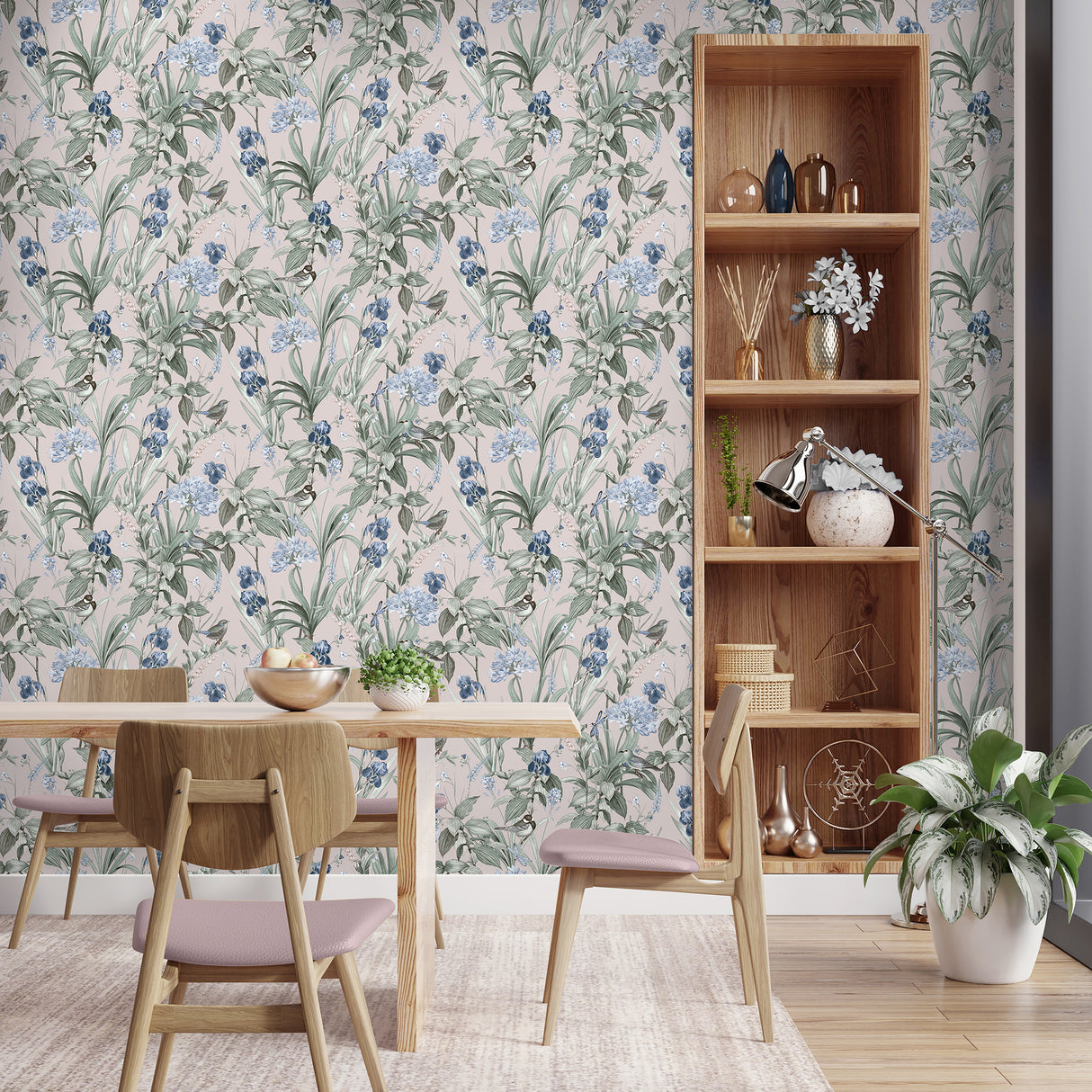 Mint Birds and Dragonflies Dust Pink by Veer Botanical Wallpaper – Veer Decor VRBT03-746