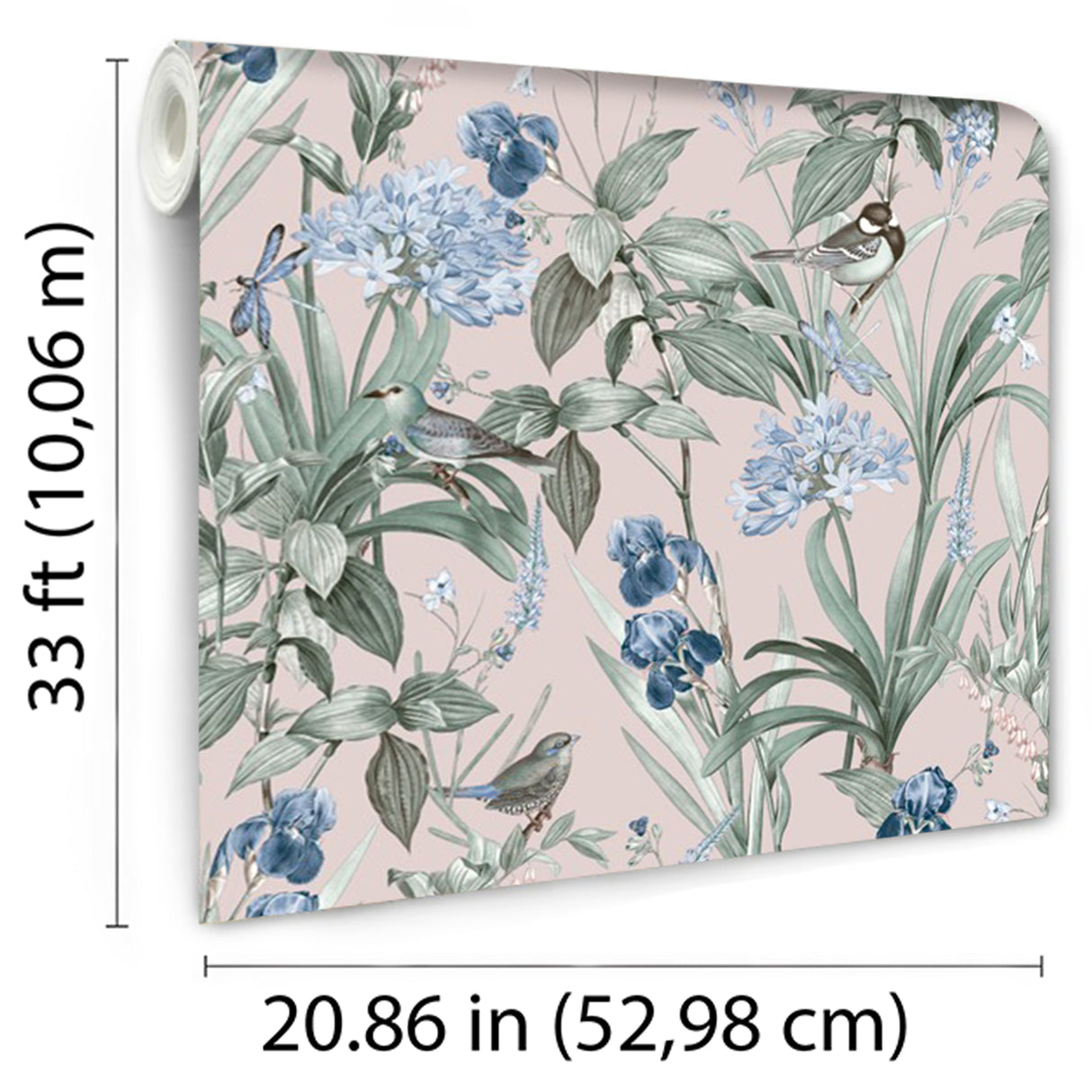Mint Birds and Dragonflies Dust Pink by Veer Botanical Wallpaper – Veer Decor VRBT03-746