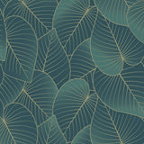 Graphic Leaves dark green metallic foil accent wallpaper roll closeup and room scene