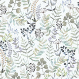 Olivia Botanical Green floral wallpaper roll showing watercolor leaves and berries pattern
