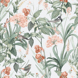 Mint birds and dragonflies botanical green wallpaper roll showing floral and bird pattern