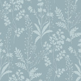 Wildflower Silhouettes Turquoise Blue floral wallpaper roll and room scene