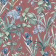 Mint Birds and Dragonflies Botanical Wallpaper in red with birds, dragonflies, and foliage