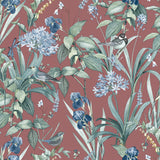 Mint Birds and Dragonflies Botanical Wallpaper in red with birds, dragonflies, and foliage
