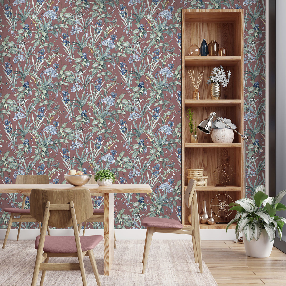 Mint Birds and Dragonflies Red by Veer Decor Botanical Wallpaper – Veer Decor VRBT10-746