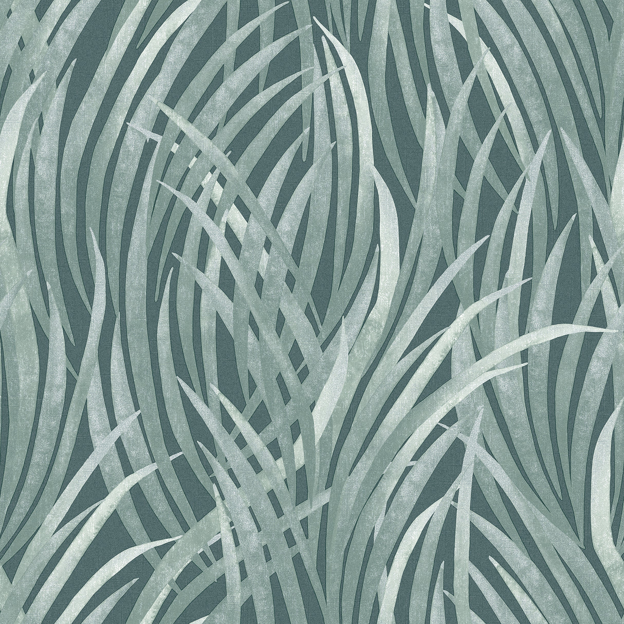 Adelia Tall Grass Dark Green textured vinyl wallpaper roll and room view