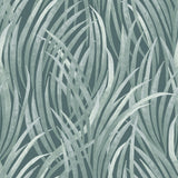Adelia Tall Grass Dark Green textured vinyl wallpaper roll and room view