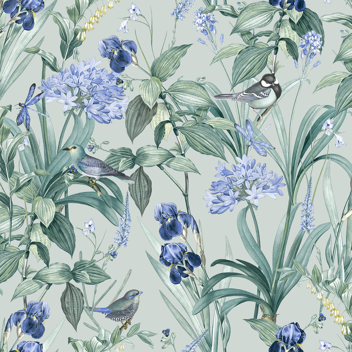 Mint Birds and Dragonflies Botanical teal wallpaper sample with birds and foliage