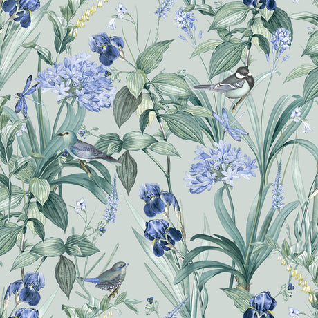 Mint Birds and Dragonflies Botanical teal wallpaper sample with birds and foliage