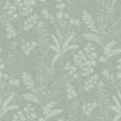 Wildflower Silhouettes Sage wallpaper roll and room scene showing tonal floral silhouettes on sage green