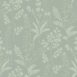 Wildflower Silhouettes Sage wallpaper roll and room scene showing tonal floral silhouettes on sage green