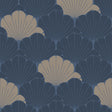 Giant Art Deco Gingko Leaf Blue wallpaper roll showing blue and metallic ginkgo fan pattern