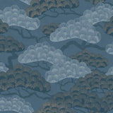 Bonsai Grove Blue textured metallic wallpaper roll and pattern detail