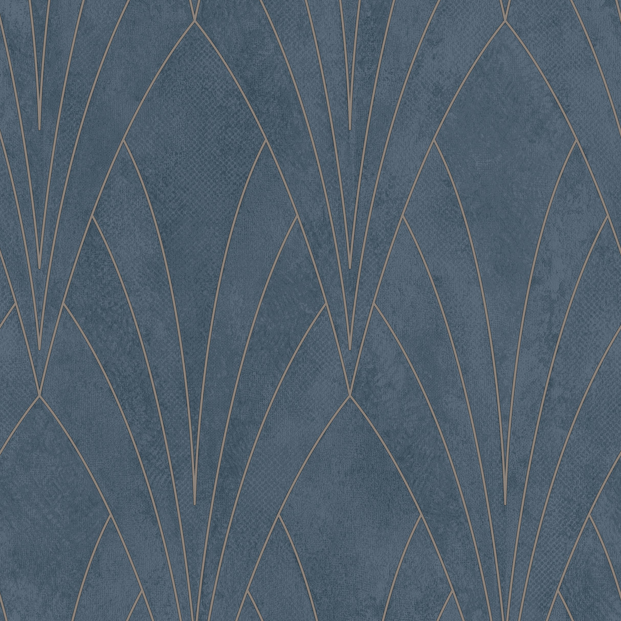 Art Deco fan geometric blue textured metallic wallpaper roll and room view