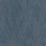Art Deco fan geometric blue textured metallic wallpaper roll and room view