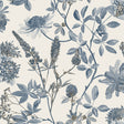 Blue botanical floral wallpaper sample on ecru cream ground – VREL01-854W1