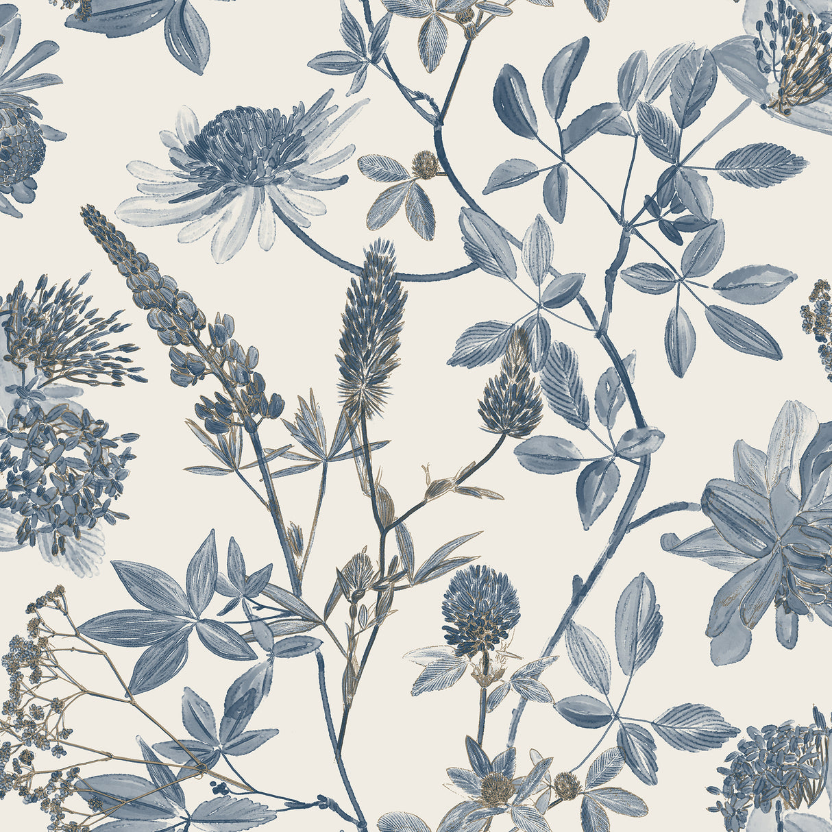Blue botanical floral wallpaper sample on ecru cream ground – VREL01-854W1