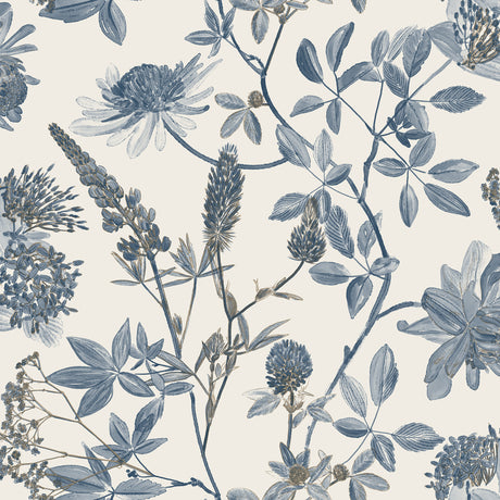 Blue botanical floral wallpaper sample on ecru cream ground – VREL01-854W1