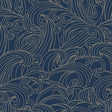 Big Wave Blue non-woven unpasted wallpaper roll showing metallic line art waves on navy