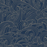 Big Wave Blue non-woven unpasted wallpaper roll showing metallic line art waves on navy