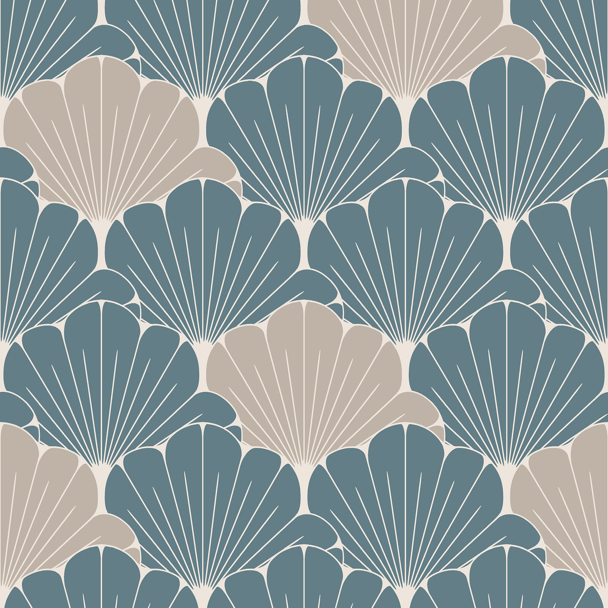 Giant Art Deco Gingko Leaf Green Wallpaper roll showing teal and beige fan-shaped gingko pattern
