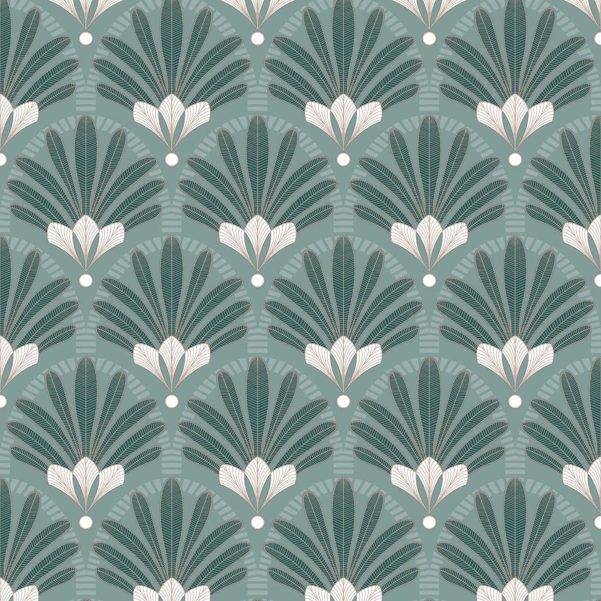 Art Deco Green geometric fan wallpaper roll and room scene – Veer Decor VREL04-335