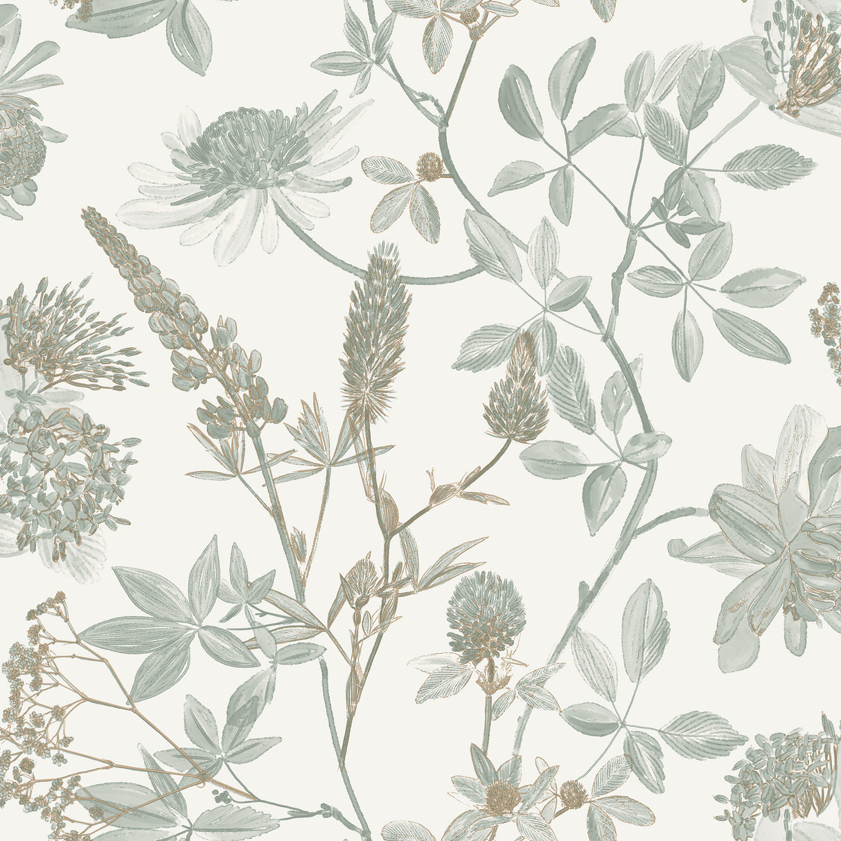 Green botanical floral wallpaper with ecru cream ground, 20.86 in x 33 ft roll