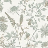 Green botanical floral wallpaper with ecru cream ground, 20.86 in x 33 ft roll