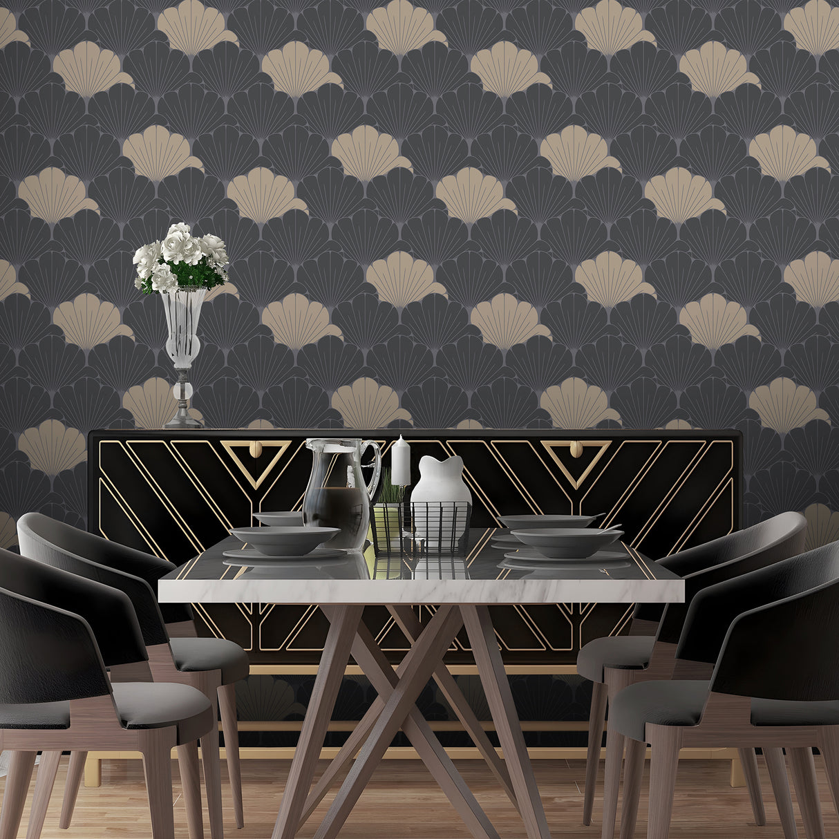 Giant Art Deco Gingko Leaf Black by Veer Decor Floral Wallpaper – Veer Decor VREL09-046
