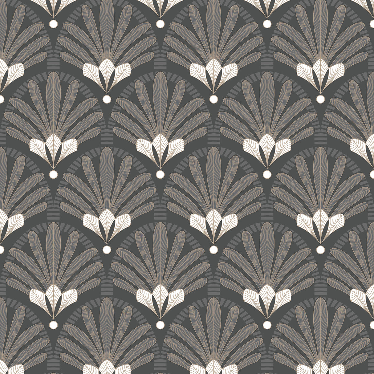 Art Deco black fan motif wallpaper roll with metallic accents