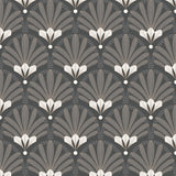 Art Deco black fan motif wallpaper roll with metallic accents