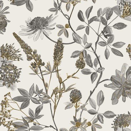 Botanical Blueprint Painterly Branches wallpaper sample in gray on ecru cream ground with detailed floral sketches.