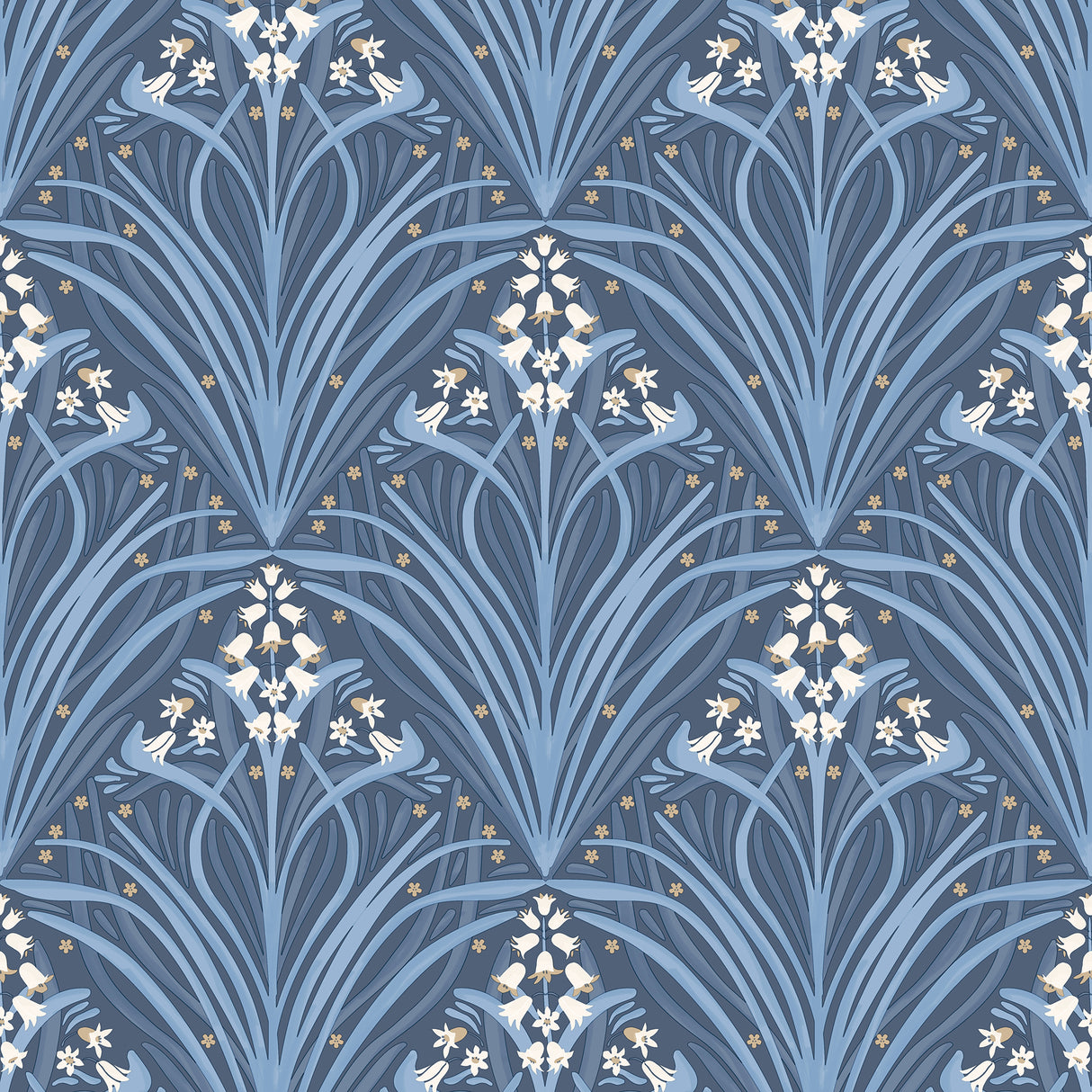 Victorian Bloom Blue floral wallpaper roll showing Art Nouveau style lilies and vines in blue and white.