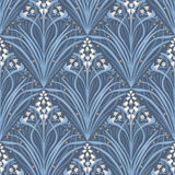 Victorian Bloom Blue floral wallpaper roll showing Art Nouveau style lilies and vines in blue and white.