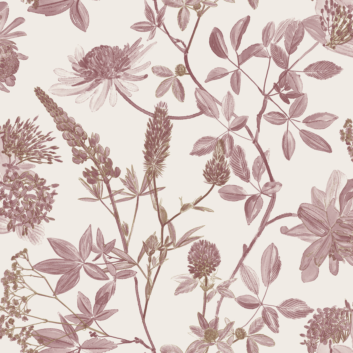 Botanical Blueprint Painterly Branches red floral wallpaper on ecru cream ground, roll size 20.86 in x 33 ft