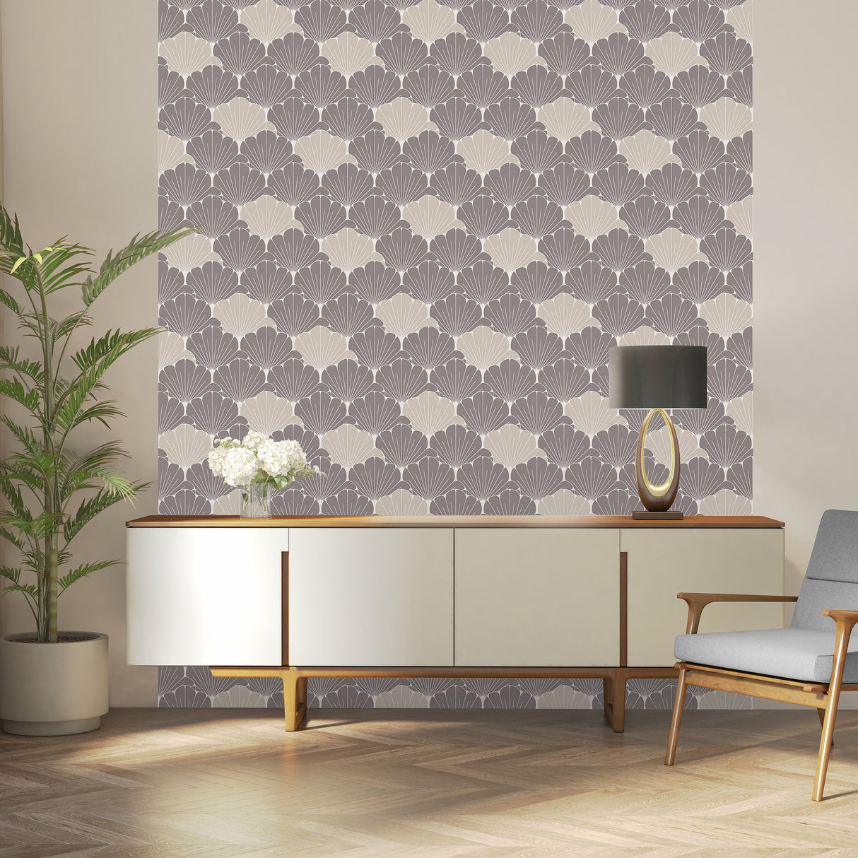 Giant Art Deco Gingko Leaf Gray and Cream by Veer Decor Floral Wallpaper – Veer Decor VREL19-046