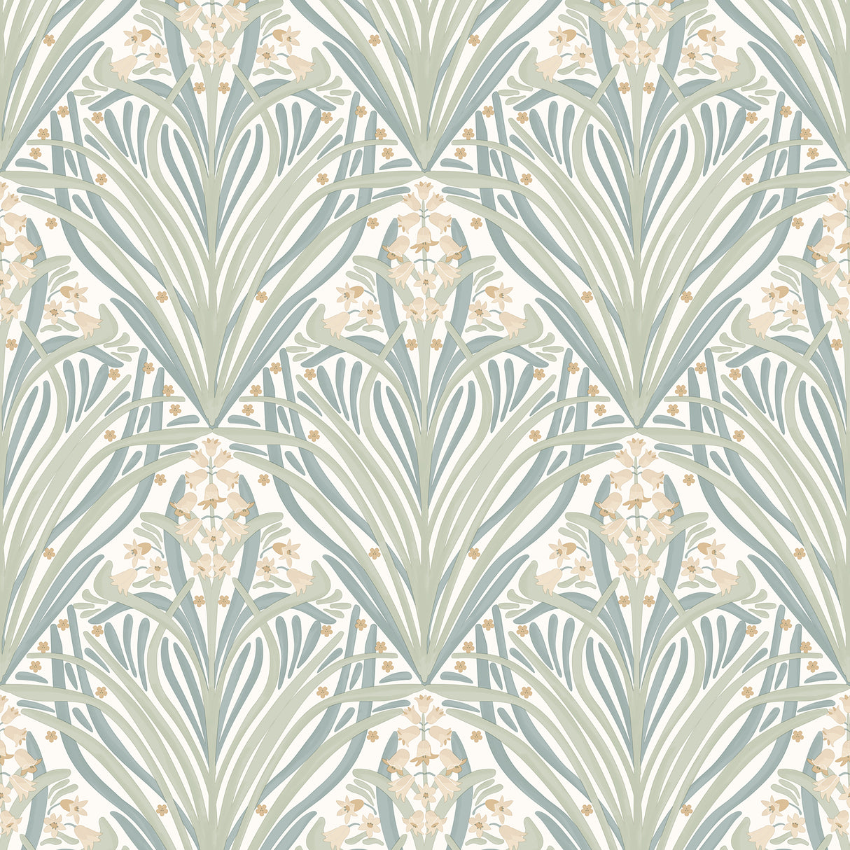 Victorian Bloom Light Green with Cream Ground floral wallpaper roll and room scene