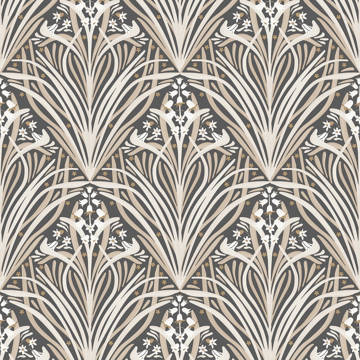 Victorian Bloom black and beige floral geometric wallpaper roll and room scene