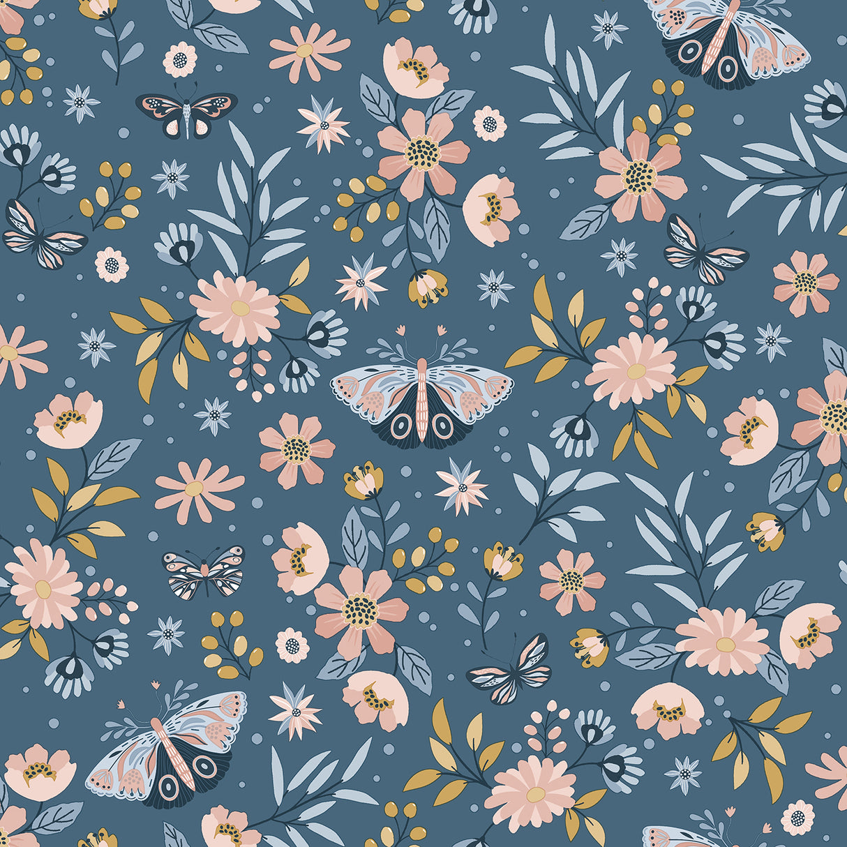 Whimsical Meadow Blue butterfly and floral non-woven wallpaper roll VRKG01-185