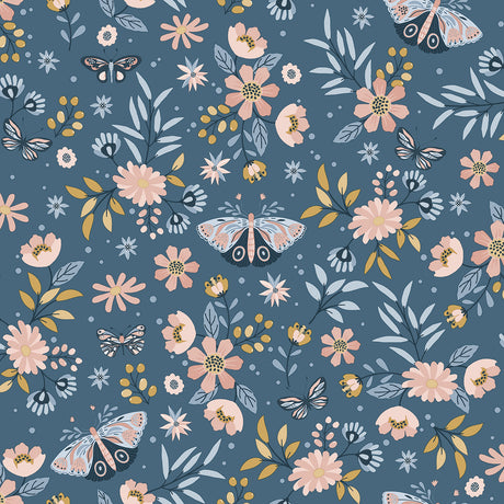 Whimsical Meadow Blue butterfly and floral non-woven wallpaper roll VRKG01-185