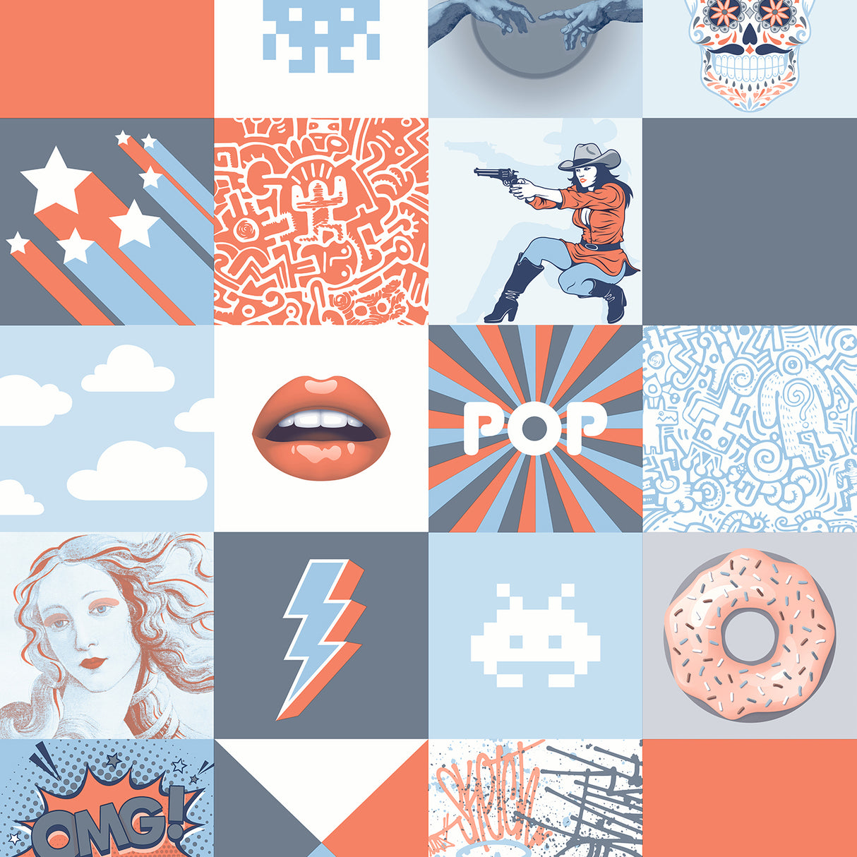 Pop Art Patchwork Blue wallpaper roll with pop motifs in blue and coral