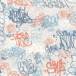 Graffiti Blue non-woven wallpaper roll with street art tags and splatters